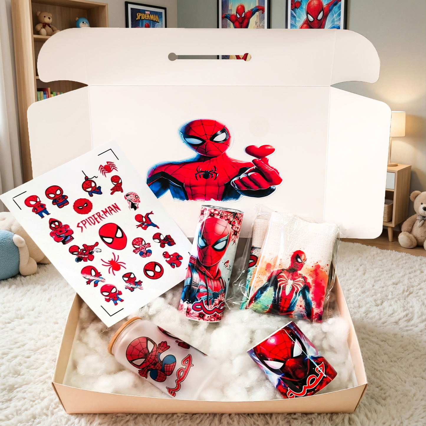 Spider-Man Love & Heart Box – Custom Name | Includes Drinkware Trio, Stickers, Pouch & More