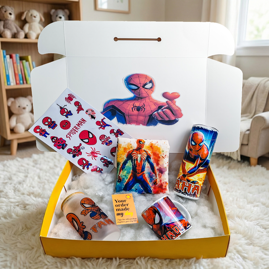 Spider-Man Love & Heart Box – Custom Name | Includes Drinkware Trio, Stickers, Pouch & More
