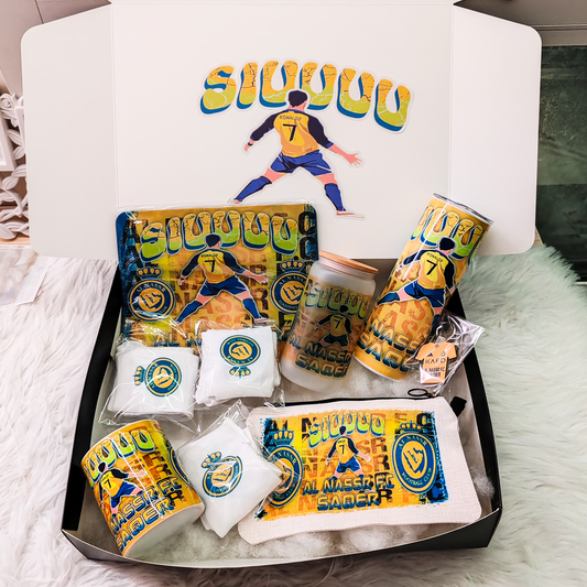 Al Nassr CR7 Fan Box – Custom Name | Includes Mouse Pad, Pouch, Socks & Drinkware Set & More