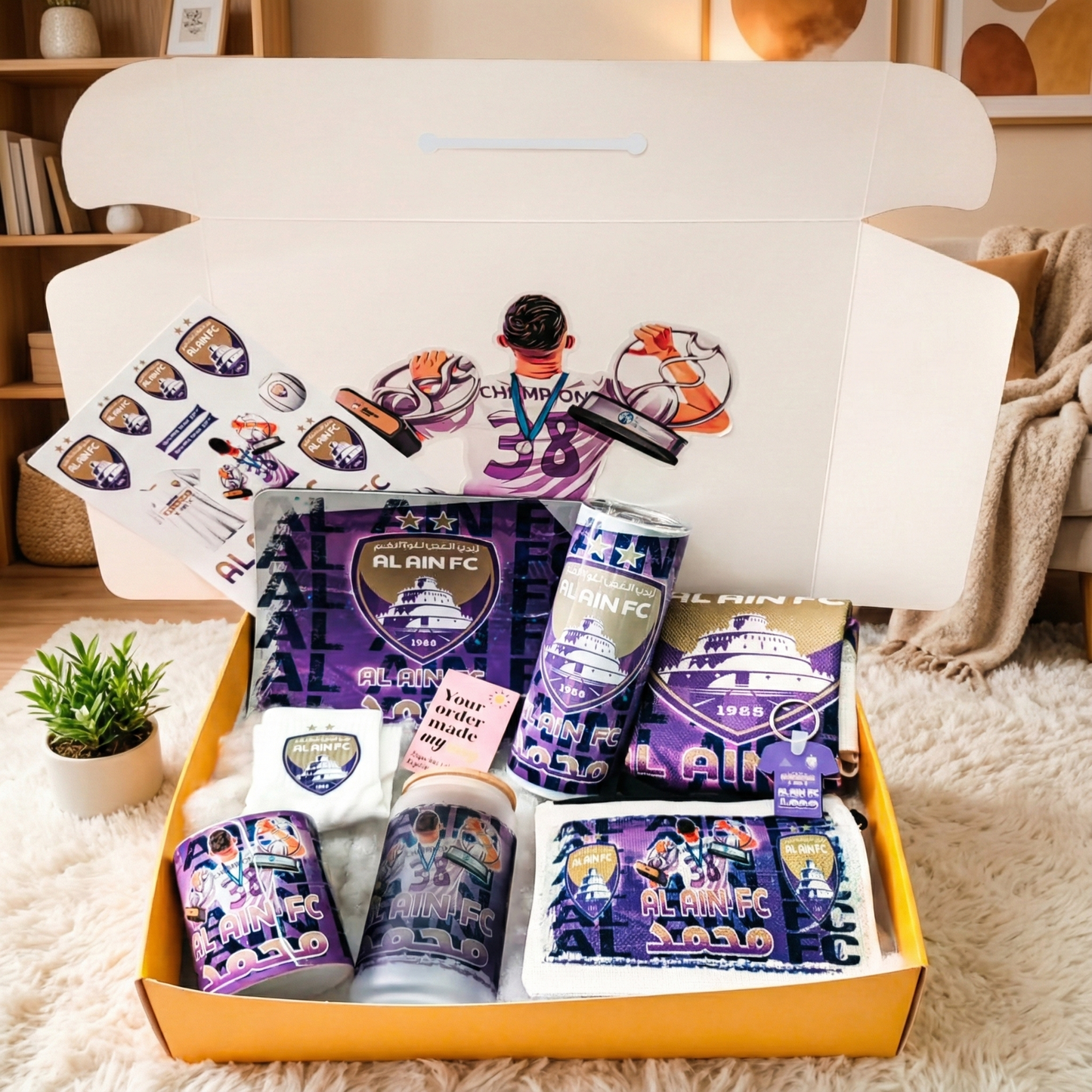 Al Ain FC Fan Box – Custom Name | Includes Tote Bag, Pouch, Mouse Pad & Drinkware Set & More