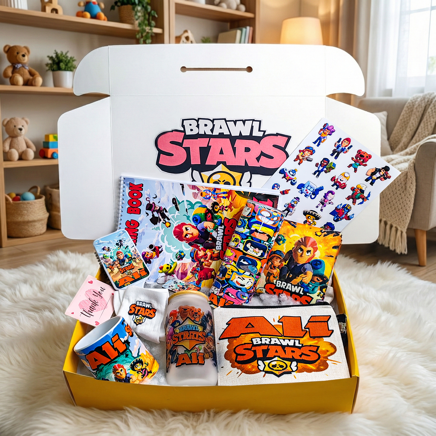 Brawl Stars Battle Ready Box – Custom Name | Includes Coloring Book, Hair Comb, Tote Bag & More