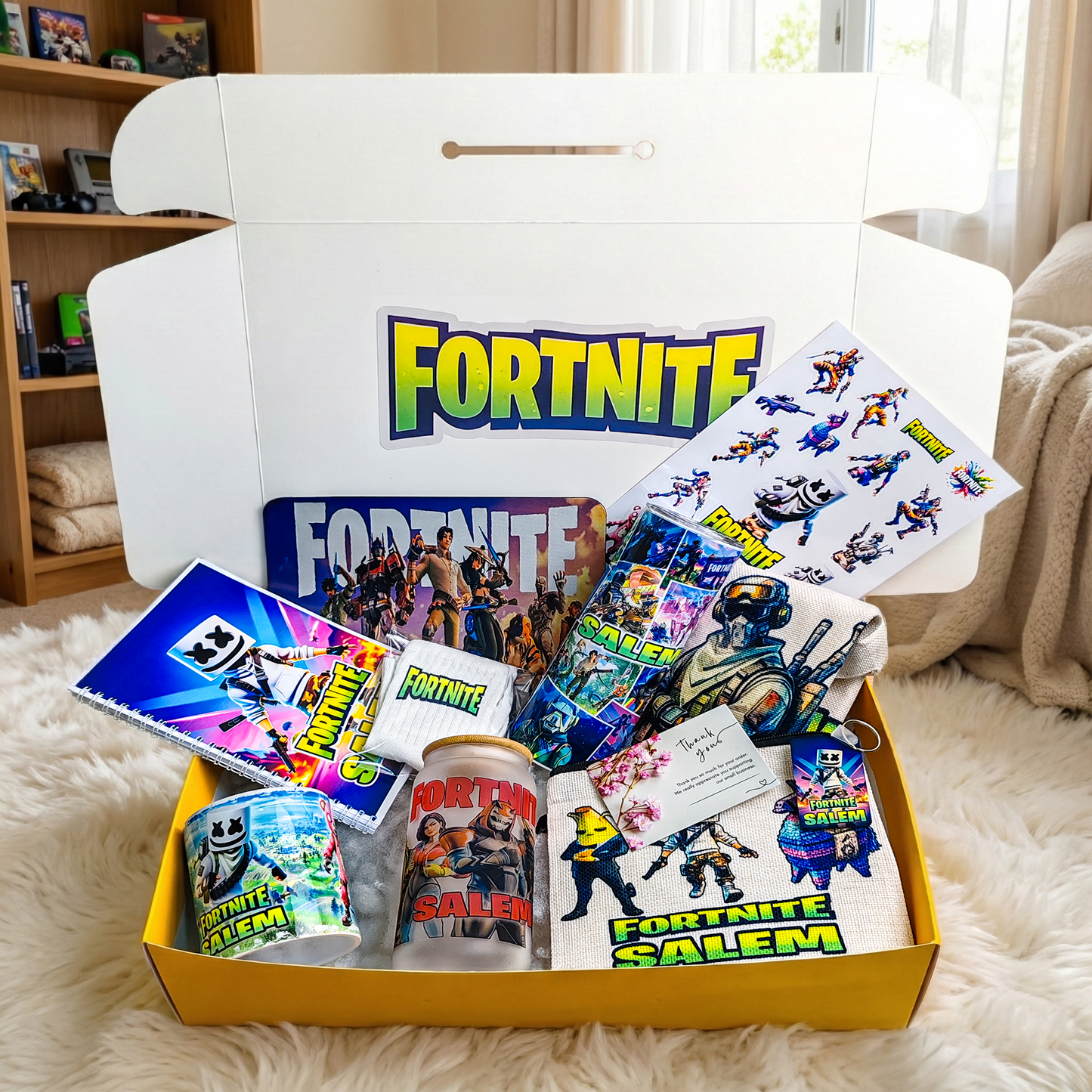 Fortnite Battle Royale Box – Custom Name | Includes Notebook, Mouse Pad, Pouch & Drinkware Set & More