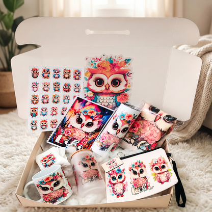 Kawaii Floral Owl Box – Custom Name | Includes Notebook, Drinkware Set, Pouch & More