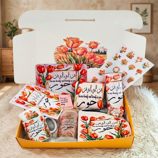 Orange Tulip Sunrise Box – Custom Name | Includes Notebook, Mouse Pad, Pouch & Drinkware Set & More