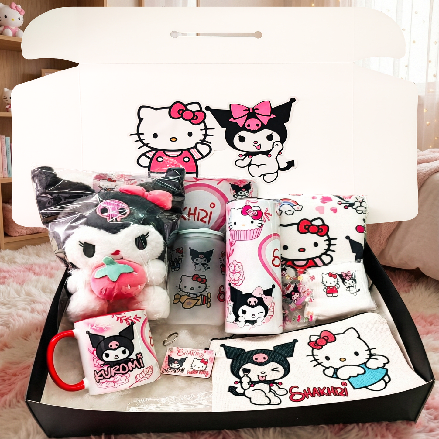 Hello Kitty & Kuromi Besties Box – Custom Name | Includes Plush, Tote Bag, Pouch & Drinkware Set & More