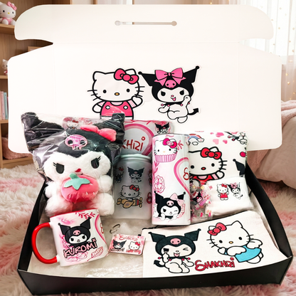 Hello Kitty & Kuromi Besties Box – Custom Name | Includes Plush, Tote Bag, Pouch & Drinkware Set & More