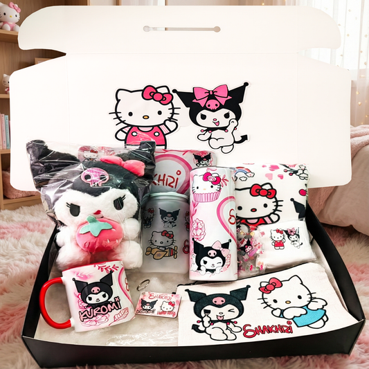 Hello Kitty & Kuromi Besties Box – Custom Name | Includes Plush, Tote Bag, Pouch & Drinkware Set & More