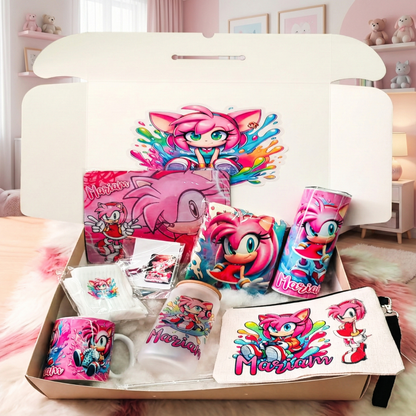 Amy Rose Pink Sonic Box – Custom Name | Includes Mouse Pad, Drinkware Set, Pouch & More