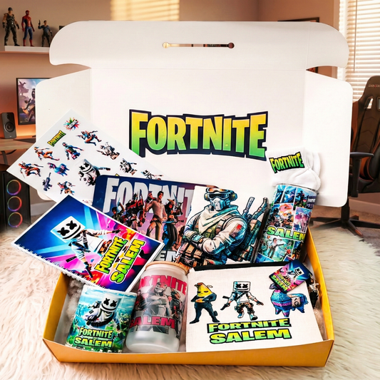 Fortnite Battle Royale Box – Custom Name | Includes Notebook, Mouse Pad, Pouch & Drinkware Set & More