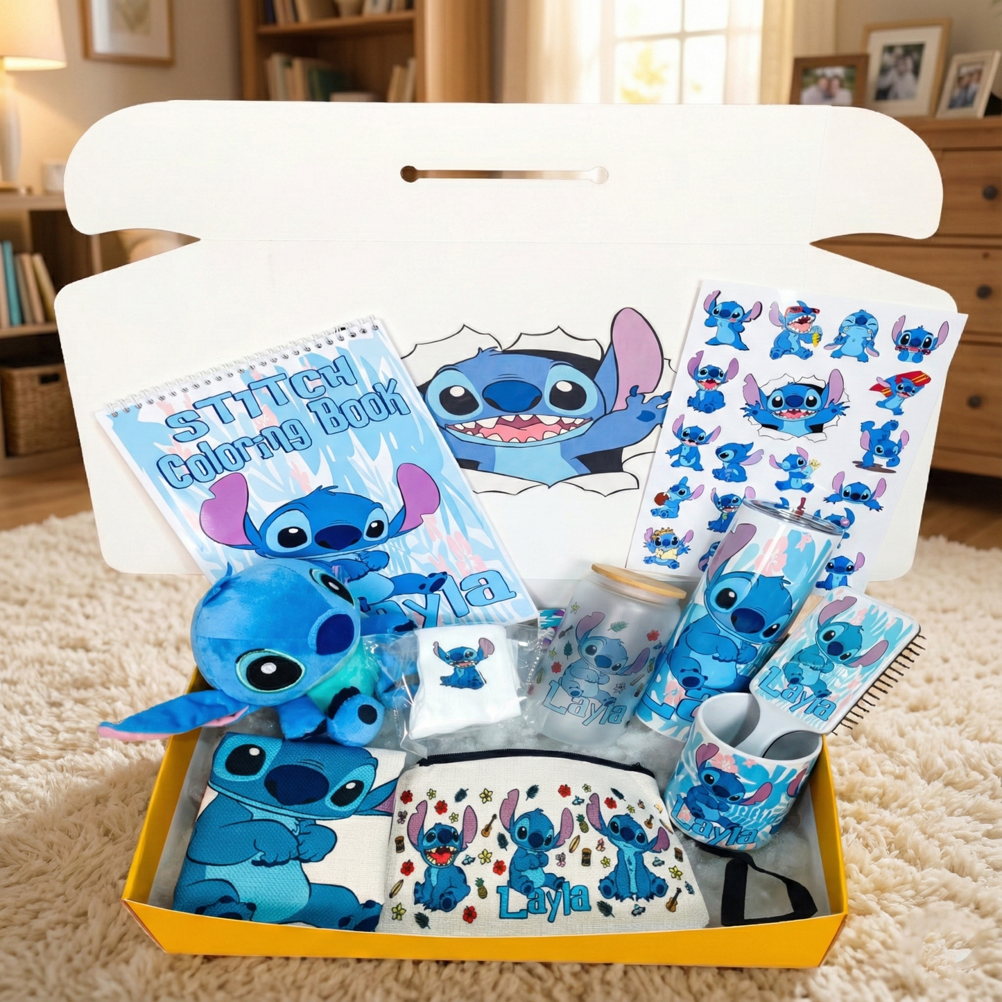 Stitch's Tropical Ohana Box – Custom Name | Includes Plush Toy, Coloring Book, Tumbler & More