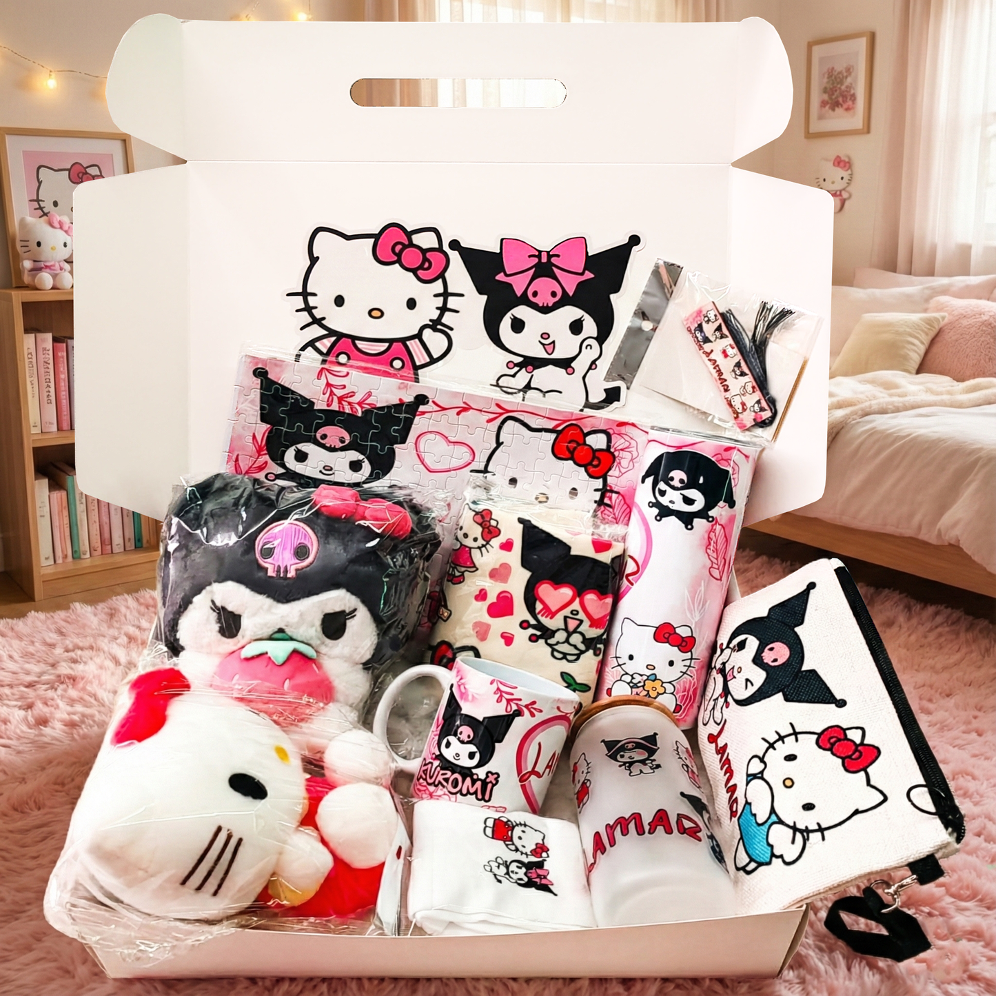Hello Kitty & Kuromi Ultimate Duo Box – Custom Name | Includes 2 Plushies, Puzzle, Pouch & Drinkware Set & More