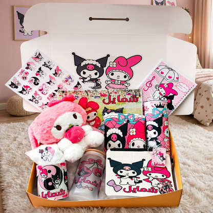 Kuromi & My Melod Duo Box – Custom Name | Includes Plush, Puzzle, Notebook & Drinkware Set & More