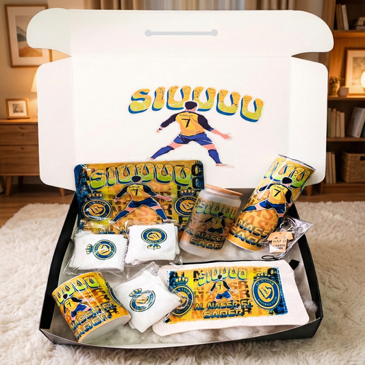 Al Nassr CR7 Fan Box – Custom Name | Includes Mouse Pad, Pouch, Socks & Drinkware Set & More