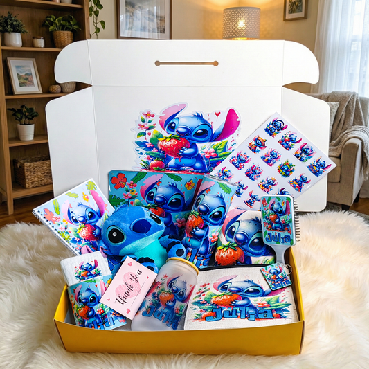 Stitch Strawberry Sweetness Box – Custom Name | Includes Plush, Hair Comb, Notebook & More