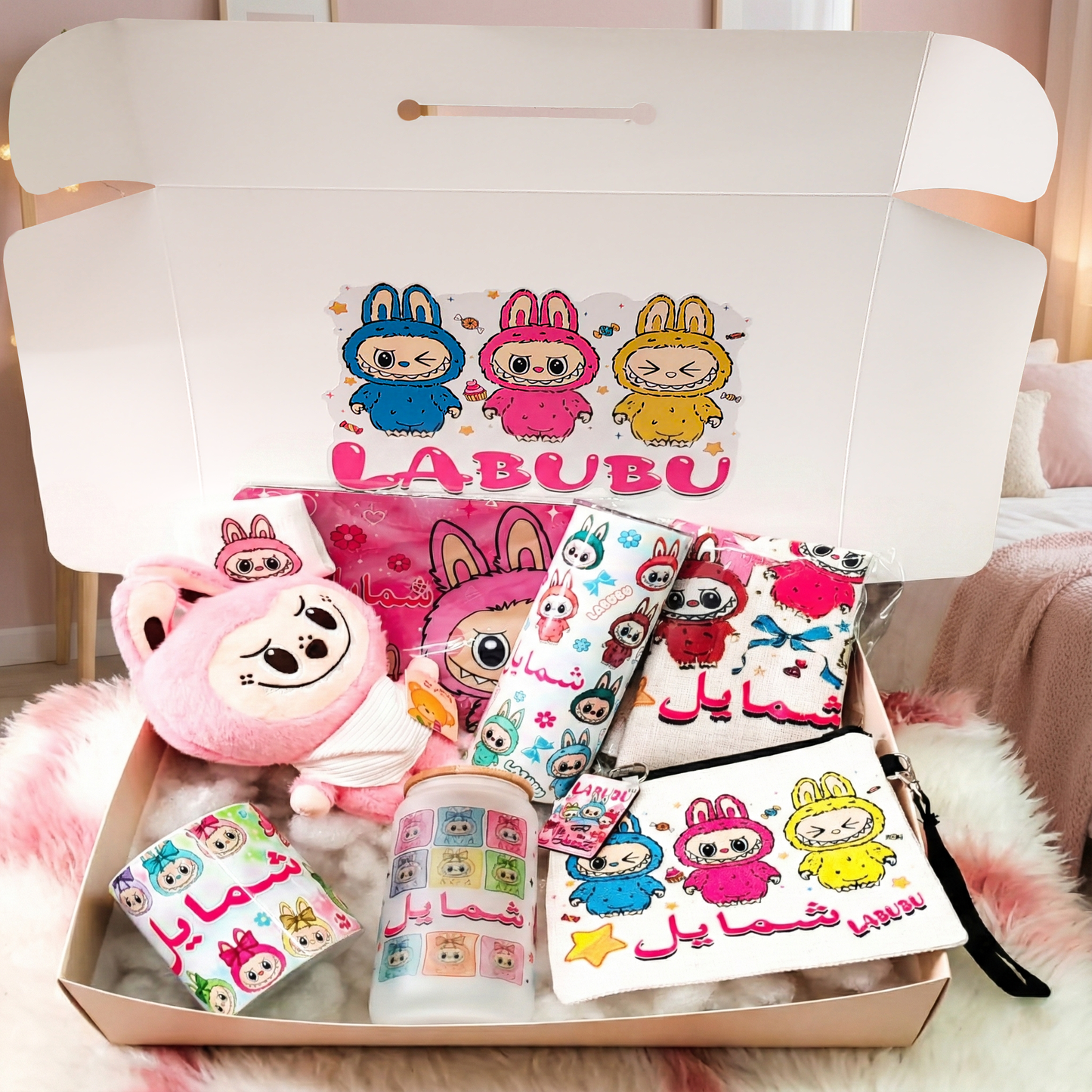 Labubu Pink Monster Box – Custom Name | Includes Plush, Mouse Pad, Tote Bag & Drinkware Set & More