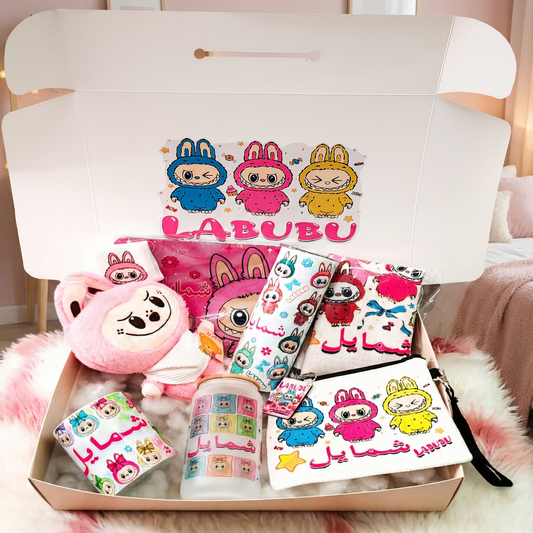 Labubu Pink Monster Box – Custom Name | Includes Plush, Mouse Pad, Tote Bag & Drinkware Set & More