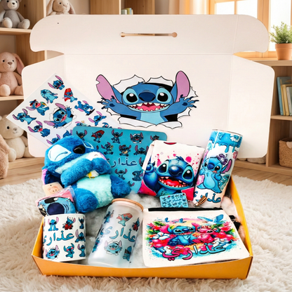 Stitch Mania Surprise Box – Custom Name | Includes Plush, Tote Bag, Pouch & Drinkware Set & More