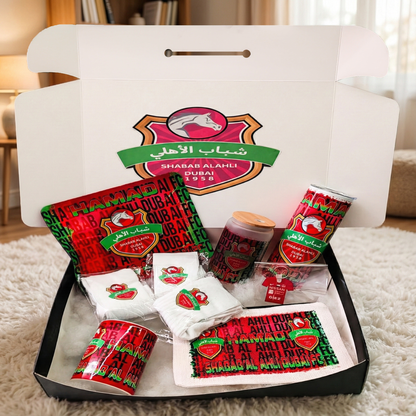 Shabab Al Ahli FC Fan Box – Custom Name | Includes Tumbler, Mug, Mouse Pad, Pouch & More