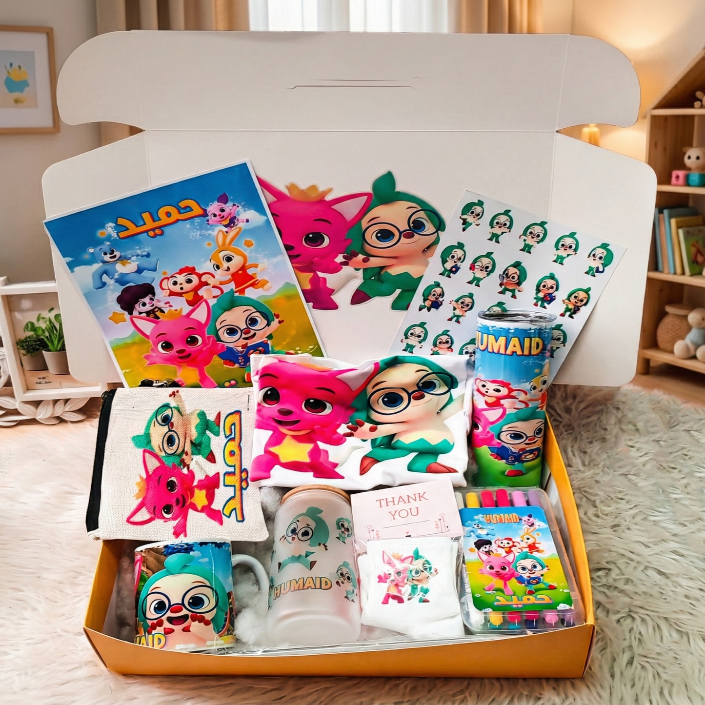 Pinkfong & Hogi Adventure Box – Custom Name | Includes Mouse Pad, Tote Bag, Marker Set & Drinkware Set & More