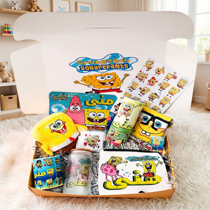 SpongeBob Bikini Bottom Box – Custom Name | Includes Plush, Tote Bag, Pouch & Drinkware Set & More