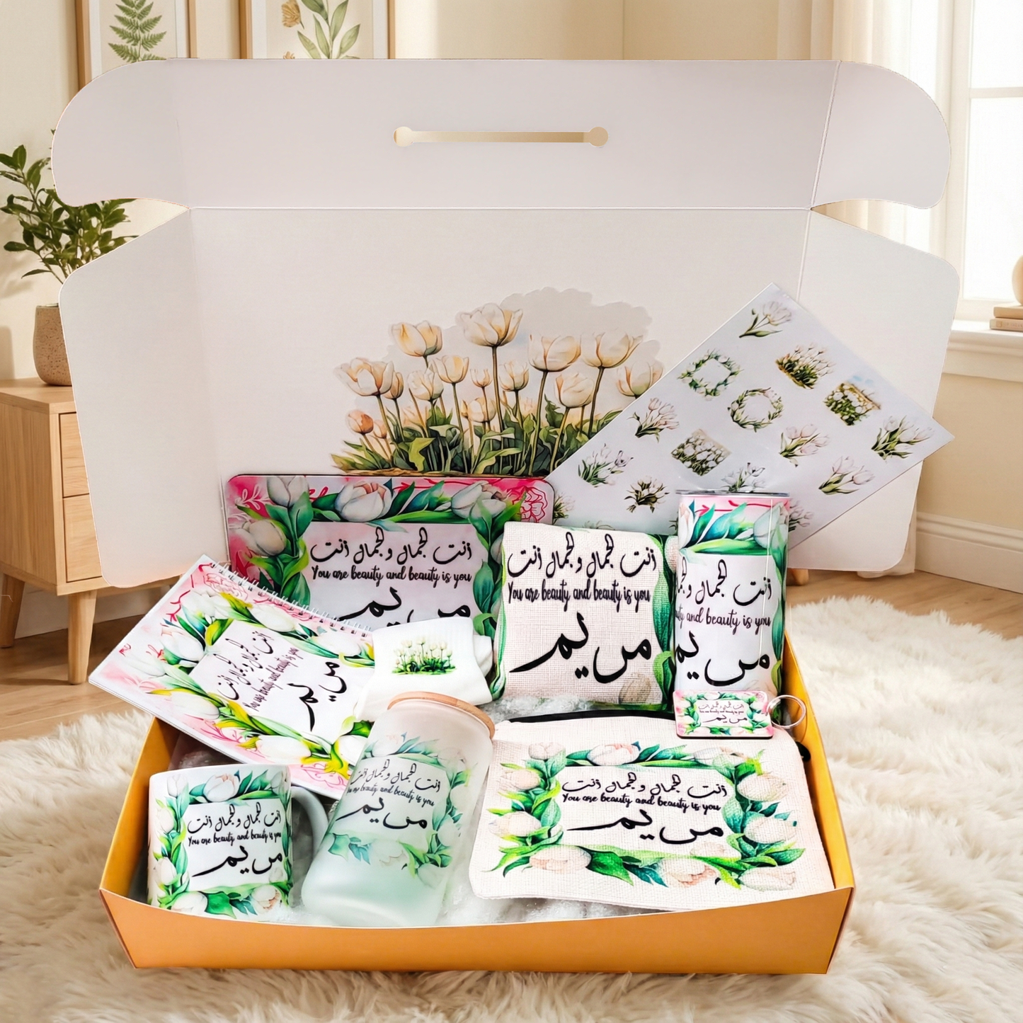 White Tulip Serenity Box – Custom Name | Includes Notebook, Mouse Pad, Pouch & Drinkware Set & More