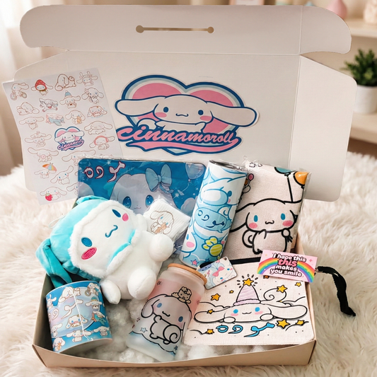 Cinnamoroll Fluffy Dream Box – Custom Name | Includes Plush, Tote Bag, Pouch & Drinkware Set & More