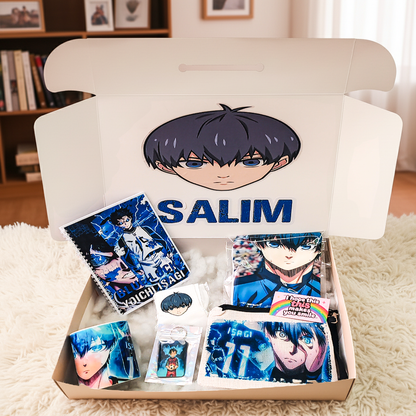 Blue Lock Isagi Yoichi Striker Box – Custom Name | Includes T-Shirt, Notebook, Mug & More