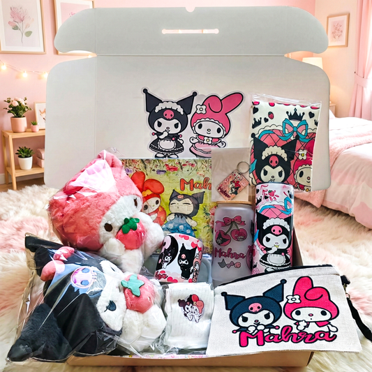 Kuromi & My Melod Ultimate Duo Box – Custom Name | Includes 2 Plushies, Puzzle, Pouch & Drinkware Set & More