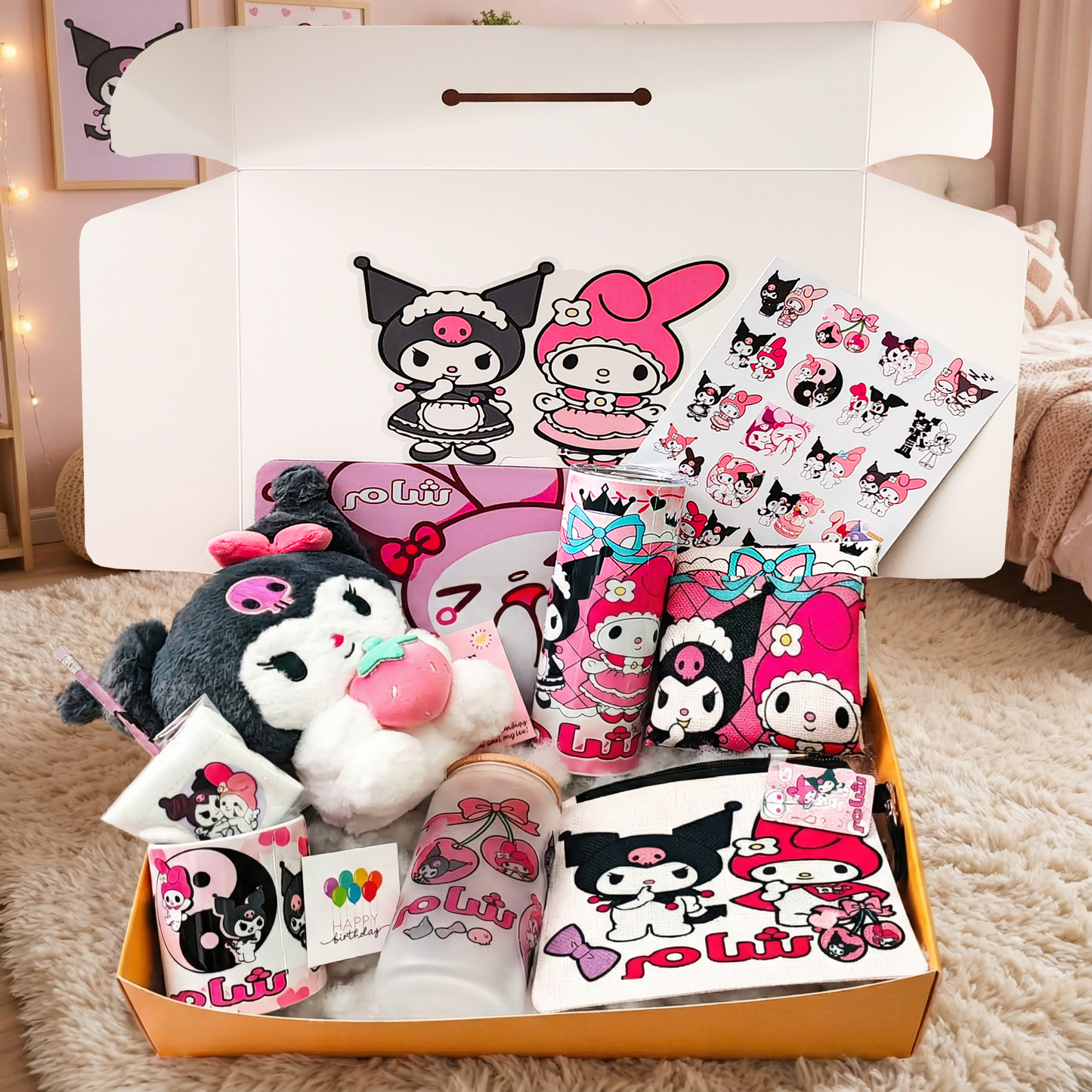Kuromi & My Melod BFF Box – Custom Name | Includes Kuromi Plush, Mouse Pad, Pouch & Drinkware Set & More