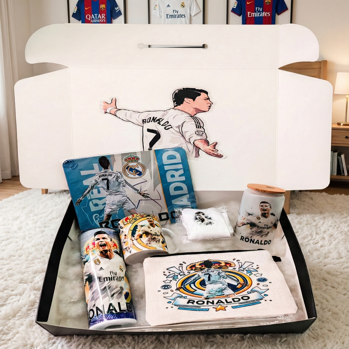 Cristiano Ronaldo Real Madrid Box – Custom Name | Includes Tumbler, Mug, Pouch, Stickers & More