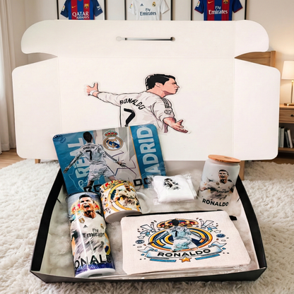 Cristiano Ronaldo Real Madrid Box – Custom Name | Includes Tumbler, Mug, Pouch, Stickers & More