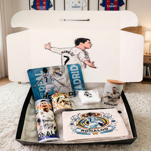 Cristiano Ronaldo Real Madrid Box – Custom Name | Includes Tumbler, Mug, Pouch, Stickers & More