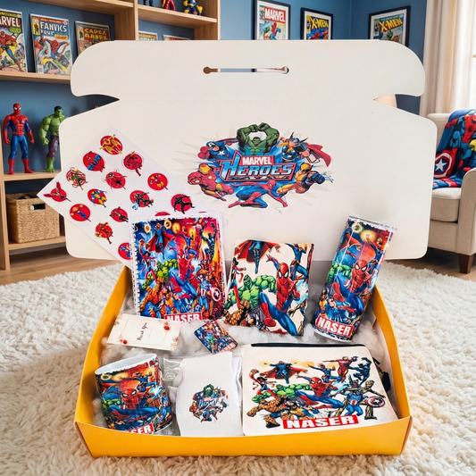 Marvel Heroes Assembly Box – Custom Name | Includes Notebook, Tumbler, Pouch & More