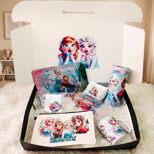 Frozen Sisters Box – Custom Name | Includes Mouse Pad, Tote Bag, Socks & Drinkware Set & More