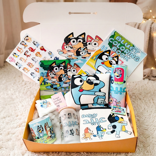 Bluey Family Fun Box – Custom Name | Includes Coloring Book, Mouse Pad, Tote Bag & Drinkware Set & More