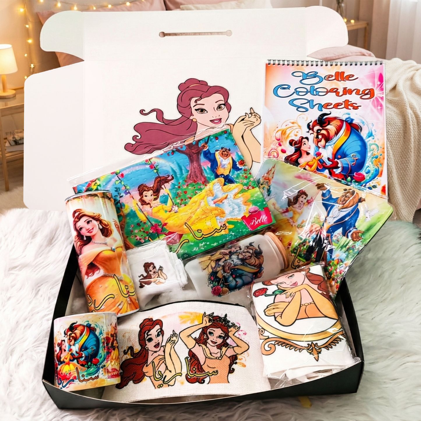 Beauty & The Beast Enchanted Box – Custom Name | Includes Puzzle, Mouse Pad, Coloring Book & Drinkware Set & More