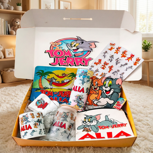 Tom & Jerry Classic Duo Box – Custom Name | Includes Mouse Pad, Pouch, Socks & Drinkware Set & More