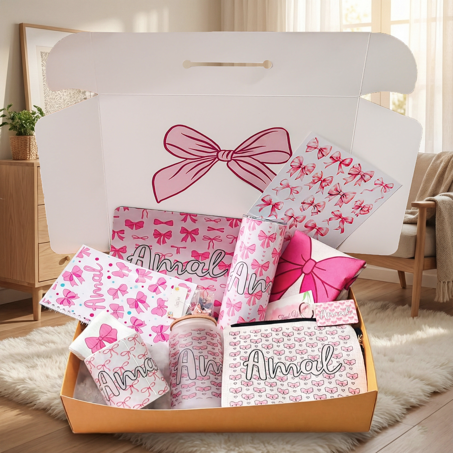Coquette Pink Bow Box – Custom Name | Includes Notebook, Mouse Pad, Pouch & Drinkware Set & More