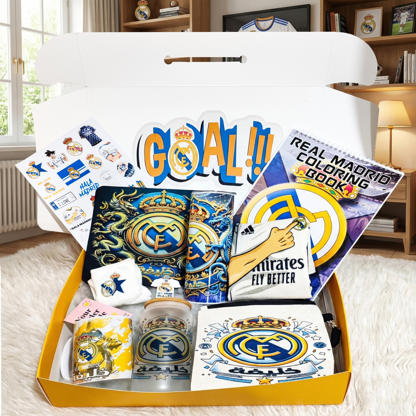 Real Madrid FC Victory Box – Custom Name | Includes Coloring Book, Tumbler, Mug, Pouch & More