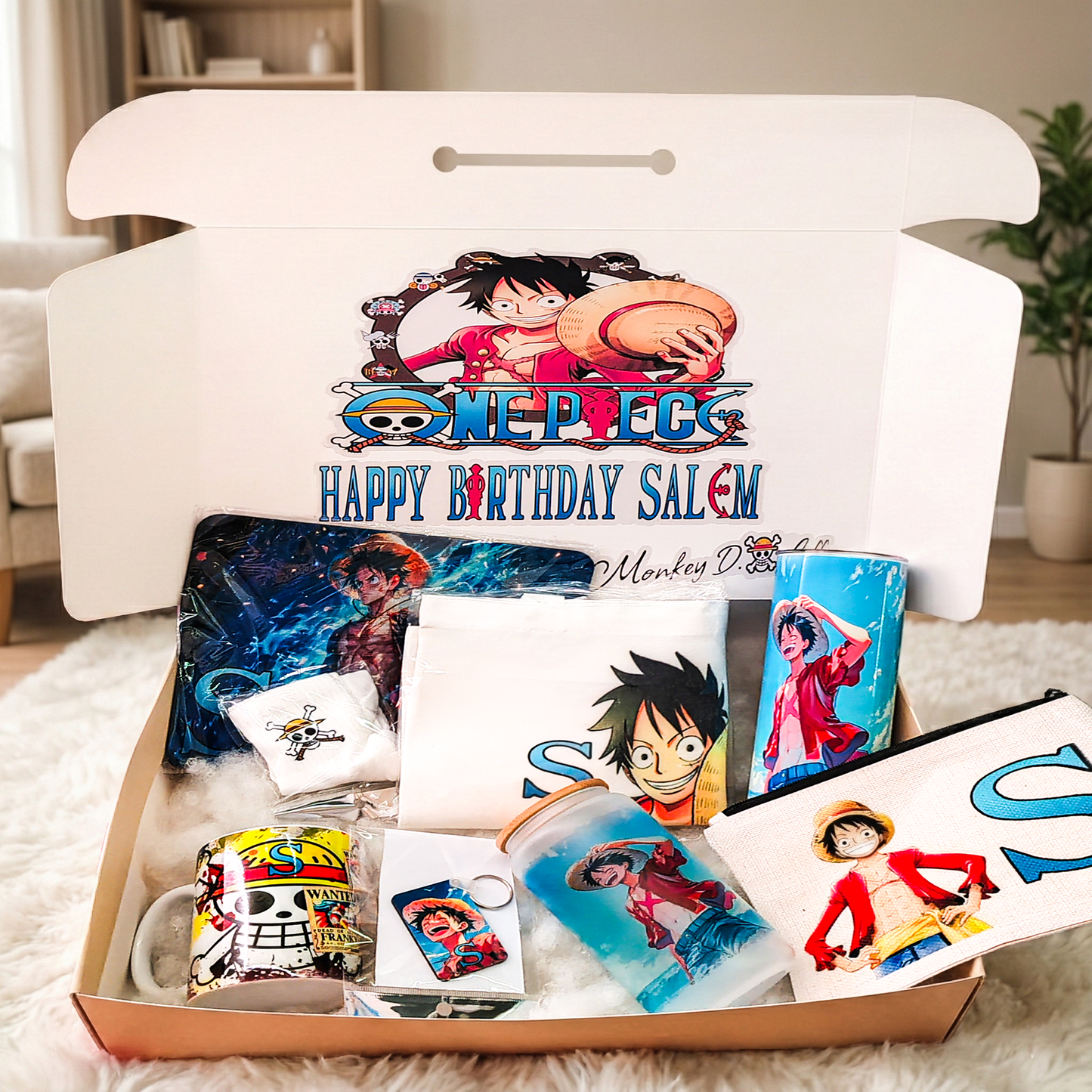 One Piece Monkey D. Luffy Adventure Box – Custom Name | Includes T-Shirt, Drinkware, Pouch Set & More