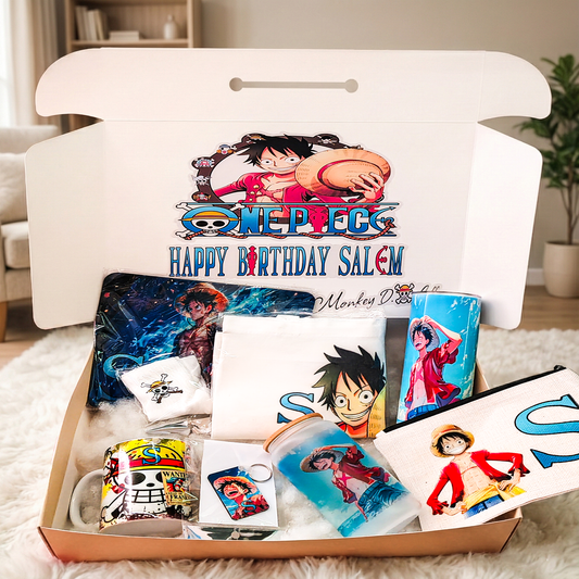 One Piece Monkey D. Luffy Adventure Box – Custom Name | Includes T-Shirt, Drinkware, Pouch Set & More