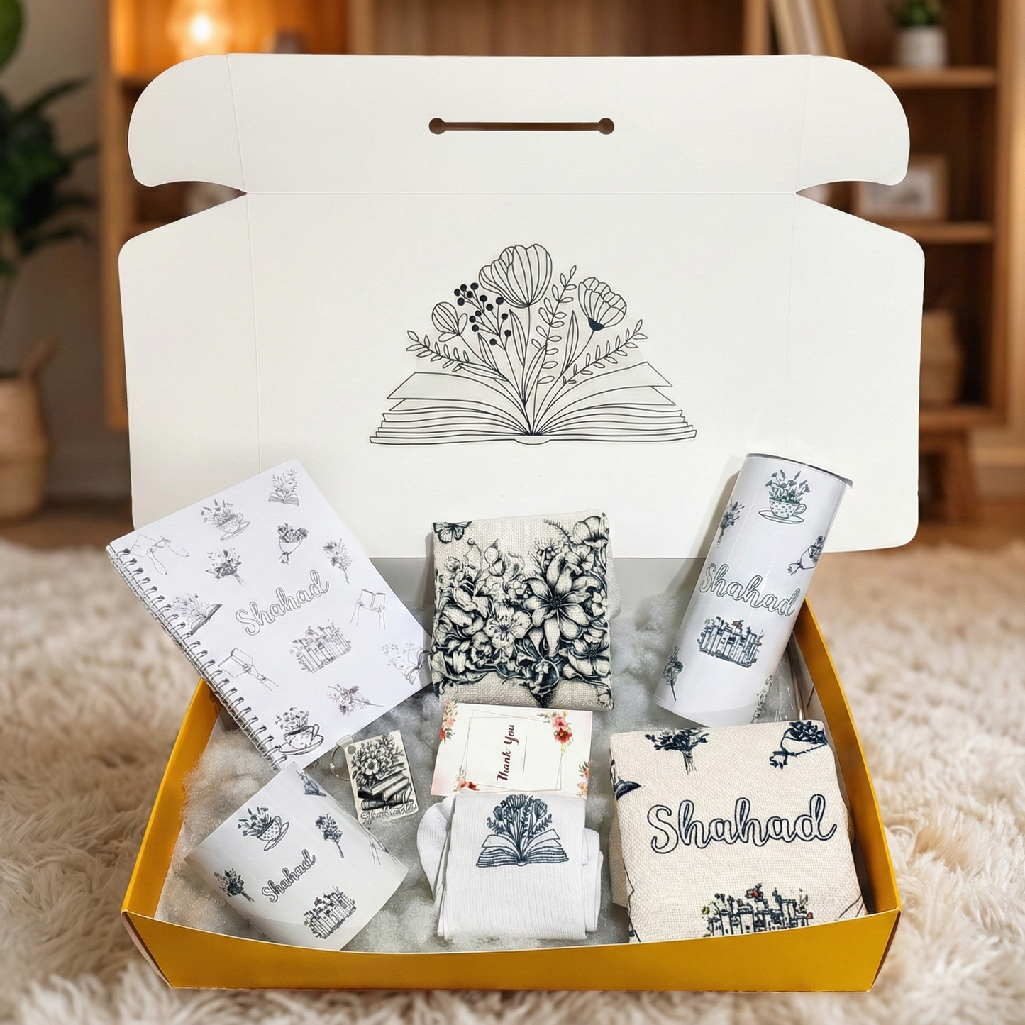 Vintage Floral Book Box – Custom Name | Includes Notebook, Pouch, Drinkware Set & More