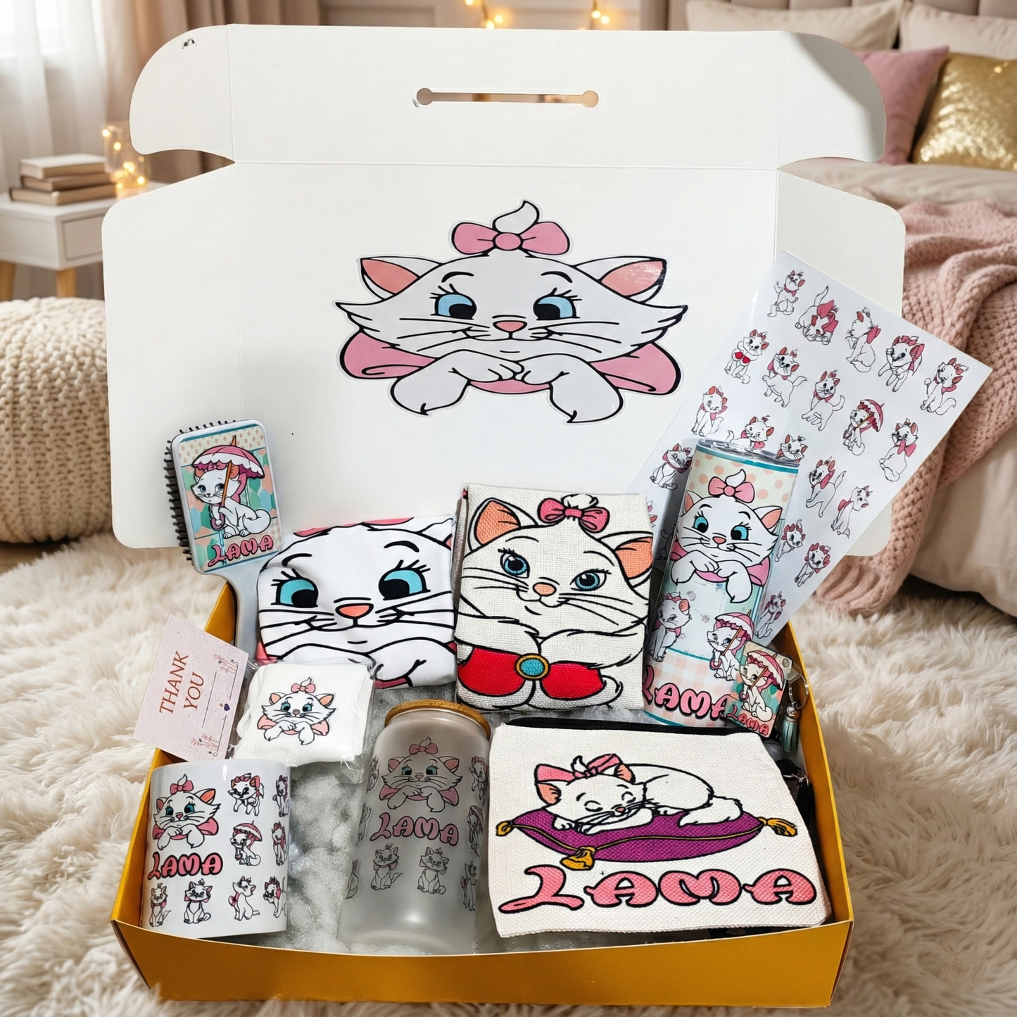 Aristocats Marie Box – Custom Name | Includes Hairbrush, Tote Bag, Pouch & Drinkware Set & More
