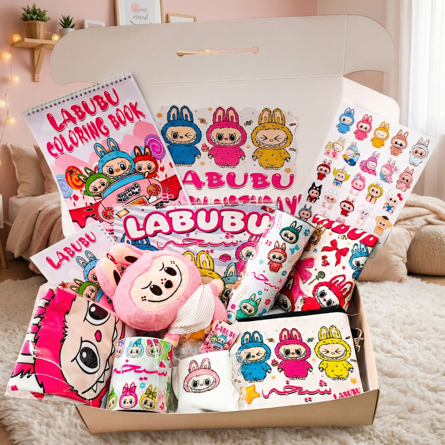 Labubu Ultimate Fan Box – Custom Name | Includes Plush, Coloring Book, Puzzle & Drinkware Set & More