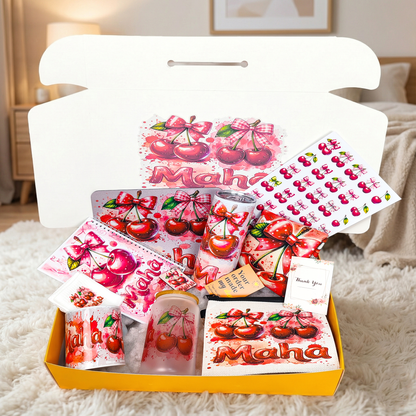 Coquette Cherry & Bows Box – Custom Name | Includes Notebook, Drinkware Set, Pouch & More