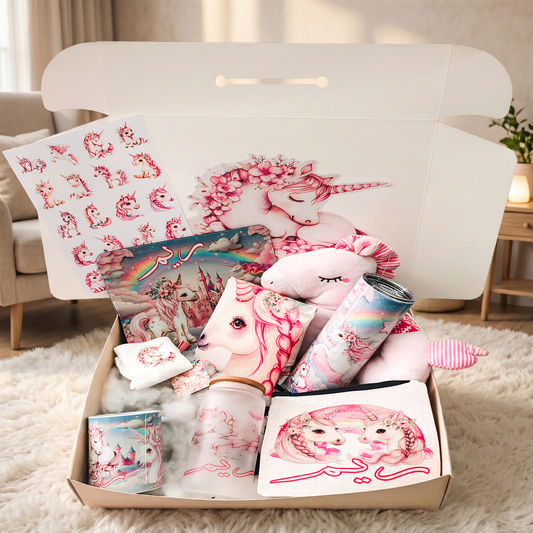 Kawaii Unicorn Magic Box – Custom Name | Includes Plush Toy, Drinkware, Pouch Set & More