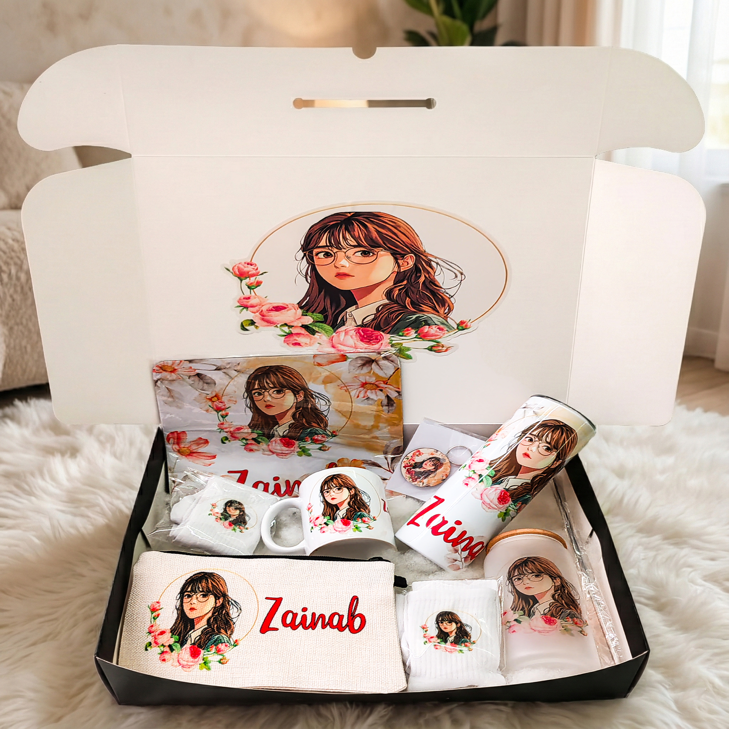 Floral Aesthetic Girl Portrait Box – Custom Name | Includes Drinkware, Pouch, Mouse Pad & More