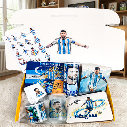 Lionel Messi Argentina Champion Box – Custom Name | Includes Drinkware Set, Pouch & More