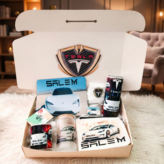 White Tesla Sport Box – Custom Name | Includes Mouse Pad, Tumbler, Mug, Pouch & More