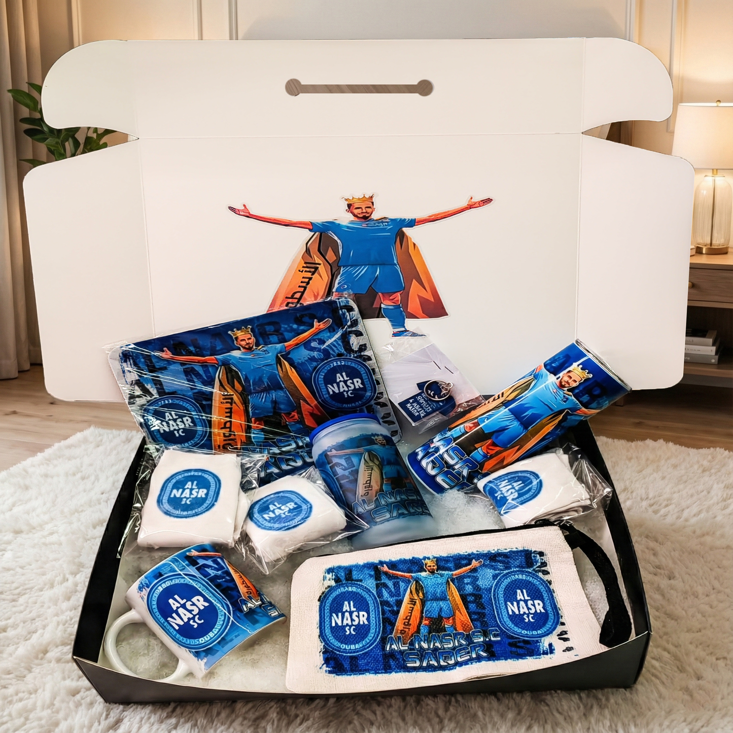 Al Nasr SC Dubai Fan Box – Custom Name | Includes Tumbler, Mug, Mouse Pad, Pouch & More